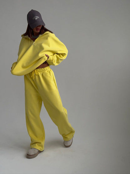 Fashion Half-Open Neck Long Sleeve Hoodie and Pants Casual Set Oversized Pullover with Tie Waist Sweatpants Two-Piece Set, Cotton