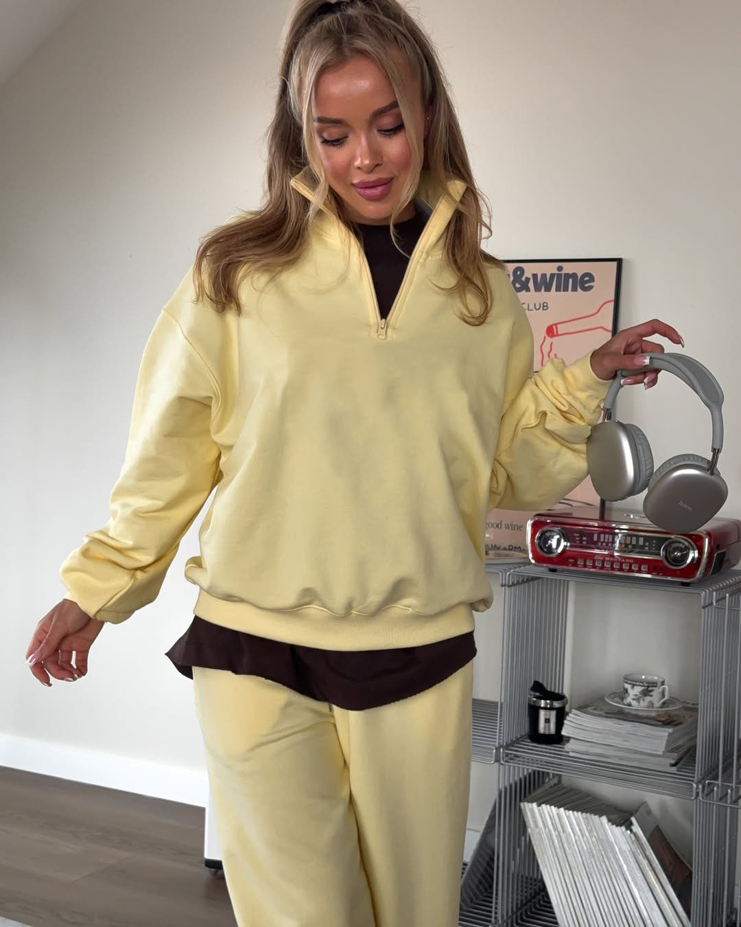 Fashion Half-Open Neck Long Sleeve Hoodie and Pants Casual Set Oversized Pullover with Tie Waist Sweatpants Two-Piece Set, Cotton