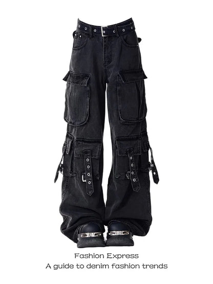 Women Y2k American Retro Mutil Pockets Cargo Jeans American Vintage Gyaru 2000s Aesthetic Grunge Jeans Straight Denim Pants