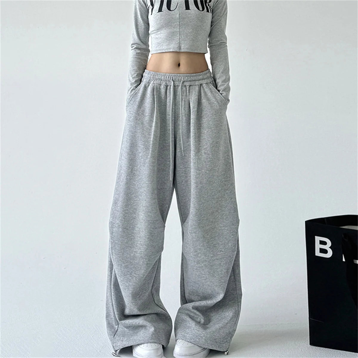 2025 New Harajuku Wide Leg Sweatpants Women Streetwear Baggy Oversize Gray Sports Pants Woman Drawstring Casual Joggers Trousers