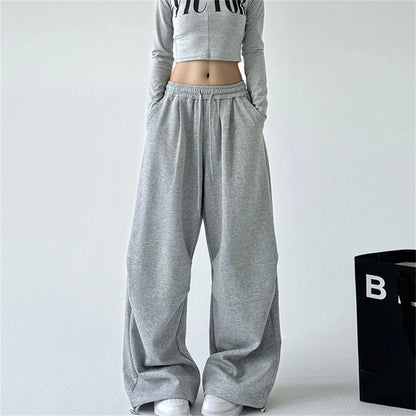 2025 New Harajuku Wide Leg Sweatpants Women Streetwear Baggy Oversize Gray Sports Pants Woman Drawstring Casual Joggers Trousers