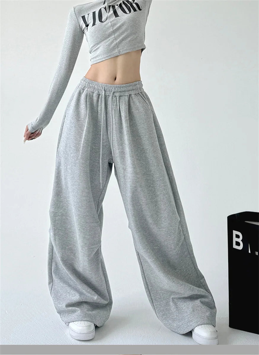 2025 New Harajuku Wide Leg Sweatpants Women Streetwear Baggy Oversize Gray Sports Pants Woman Drawstring Casual Joggers Trousers