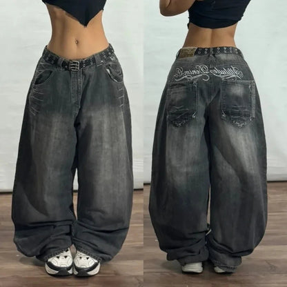 American New Fashion Oversize Pattern Embroidered Baggy Jeans Men Y2K Gothic Harajuku Hip Hop Straight High Waist Wide Leg Pants