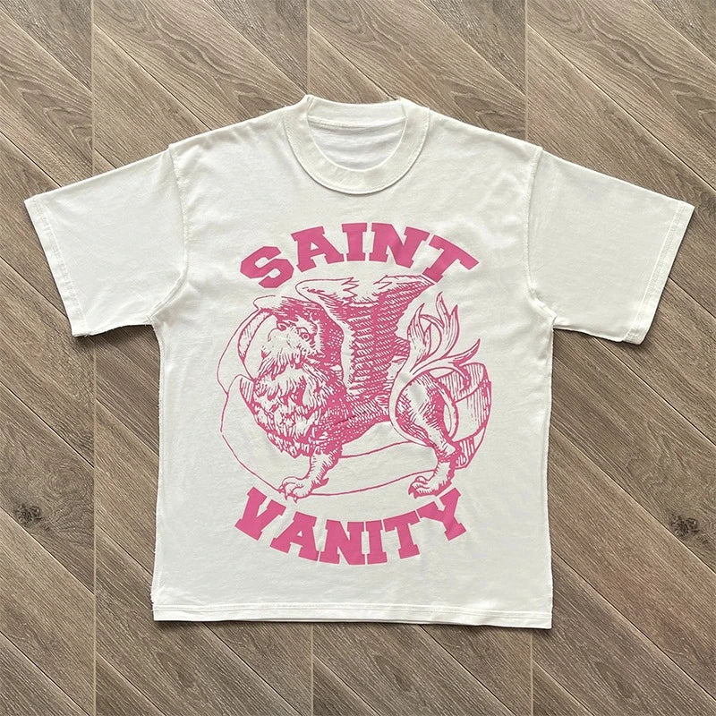 SAINT VANITY Ins The Same Style, Letter Printing Casual Short-sleeved T-shirt for Men and Women Breathable Oversized T Shirt