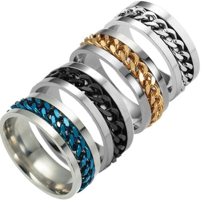 Trendy Jewelry Fashion Men's Women Ring with Chain The Punk Rock Accessories Stainless Steel  For Men 5 Colors USA  Size 6-12