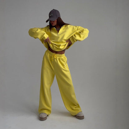 Fashion Half-Open Neck Long Sleeve Hoodie and Pants Casual Set Oversized Pullover with Tie Waist Sweatpants Two-Piece Set, Cotton