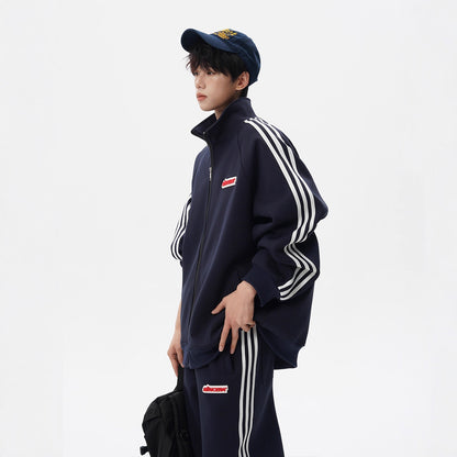 Stripe Sports Suit for Men and WomenWinter College Style Loose Casual Hoodie and Sweatpants Couple Two-piece Set