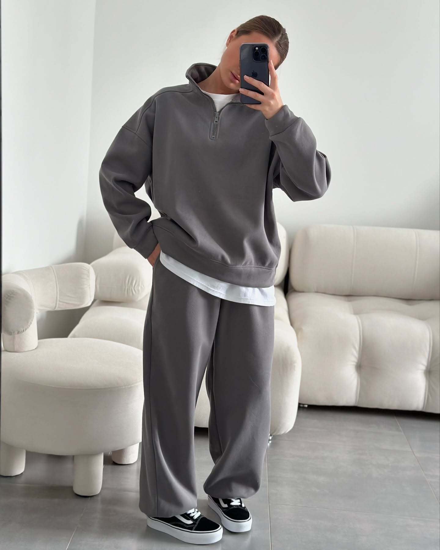 Fashion Half-Open Neck Long Sleeve Hoodie and Pants Casual Set Oversized Pullover with Tie Waist Sweatpants Two-Piece Set, Cotton