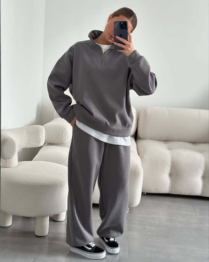 Fashion Half-Open Neck Long Sleeve Hoodie and Pants Casual Set Oversized Pullover with Tie Waist Sweatpants Two-Piece Set, Cotton