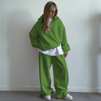Fashion Half-Open Neck Long Sleeve Hoodie and Pants Casual Set Oversized Pullover with Tie Waist Sweatpants Two-Piece Set, Cotton