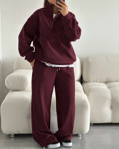 Fashion Half-Open Neck Long Sleeve Hoodie and Pants Casual Set Oversized Pullover with Tie Waist Sweatpants Two-Piece Set, Cotton