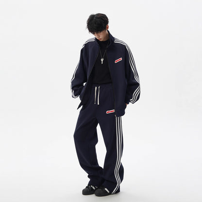 Stripe Sports Suit for Men and WomenWinter College Style Loose Casual Hoodie and Sweatpants Couple Two-piece Set