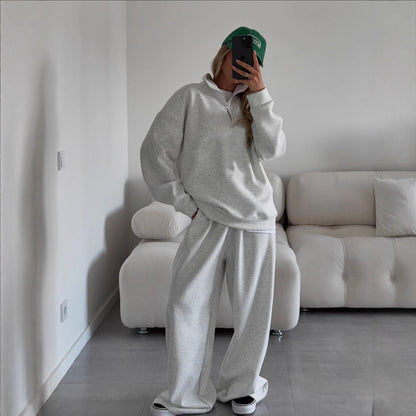 Fashion Half-Open Neck Long Sleeve Hoodie and Pants Casual Set Oversized Pullover with Tie Waist Sweatpants Two-Piece Set, Cotton