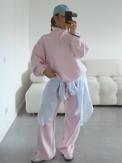 Fashion Half-Open Neck Long Sleeve Hoodie and Pants Casual Set Oversized Pullover with Tie Waist Sweatpants Two-Piece Set, Cotton