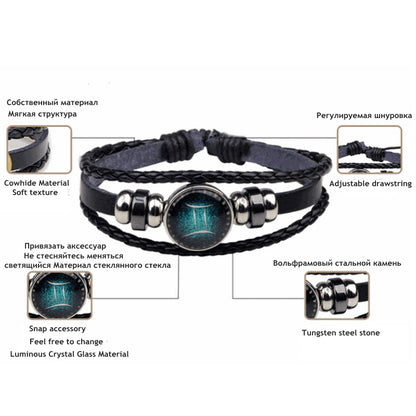 12 Constellation Luminous Bracelet Men Leather Bracelet Charm Bracelets for Men Boys Women Girl Jewelry Accessories Gifts