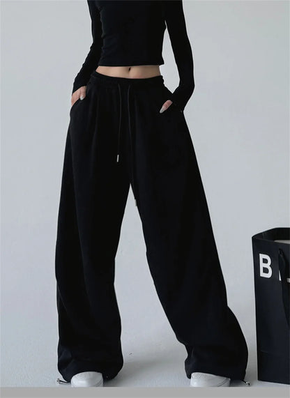 2025 New Harajuku Wide Leg Sweatpants Women Streetwear Baggy Oversize Gray Sports Pants Woman Drawstring Casual Joggers Trousers