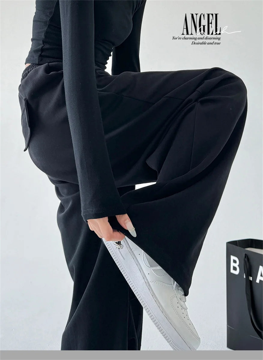 2025 New Harajuku Wide Leg Sweatpants Women Streetwear Baggy Oversize Gray Sports Pants Woman Drawstring Casual Joggers Trousers