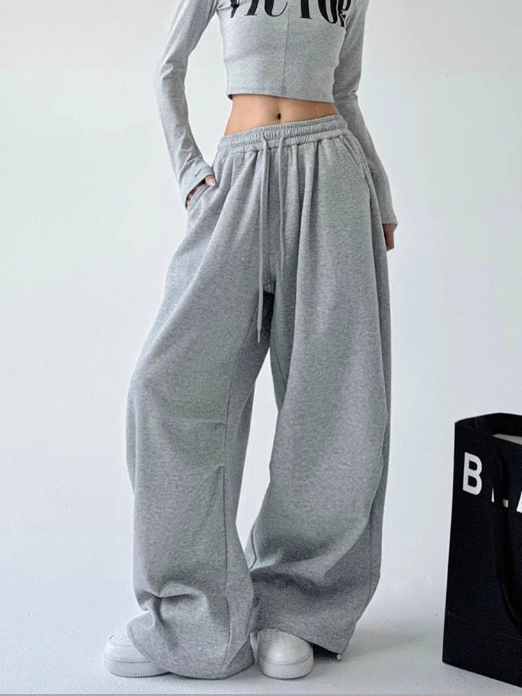 2025 New Harajuku Wide Leg Sweatpants Women Streetwear Baggy Oversize Gray Sports Pants Woman Drawstring Casual Joggers Trousers
