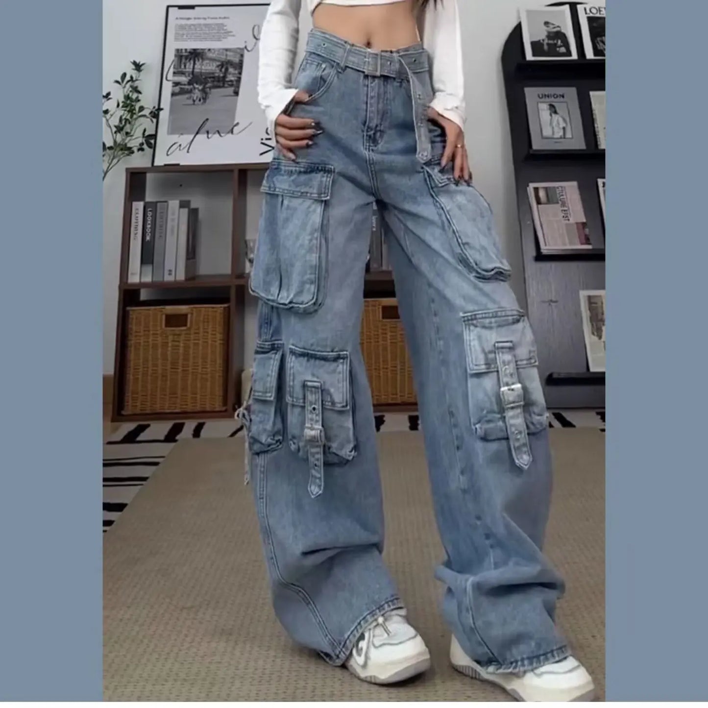 Women Y2k American Retro Mutil Pockets Cargo Jeans American Vintage Gyaru 2000s Aesthetic Grunge Jeans Straight Denim Pants